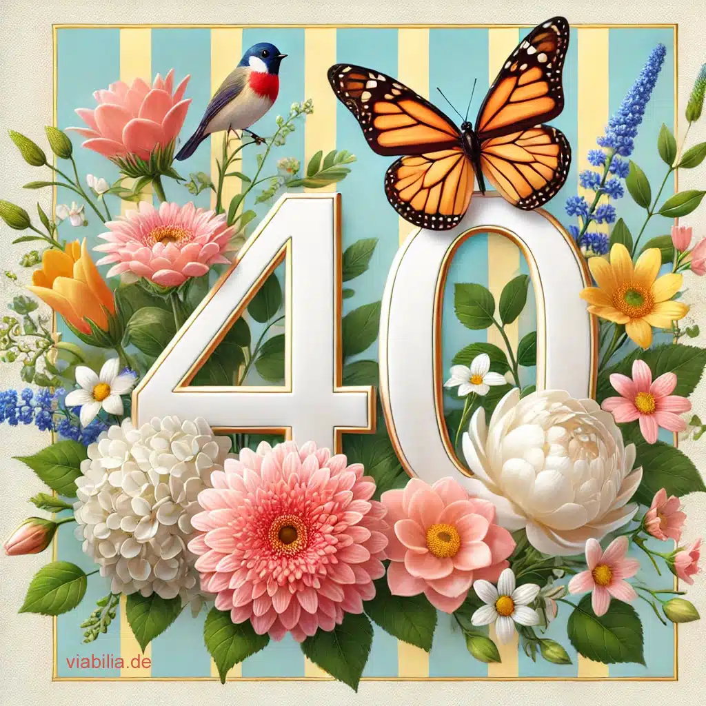 Glückwünsche zum 40. Geburtstag Bild mit Blumen und Schmetterling